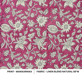 Handblock Printed Pink Floral Linen Blend Fabric Boho Style Home Decor - Manikarnika