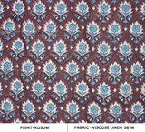 Handmade Boho Rose and Sky Blue Floral Block Printed Viscose Linen Fabric for Table Cloth - KUSUM