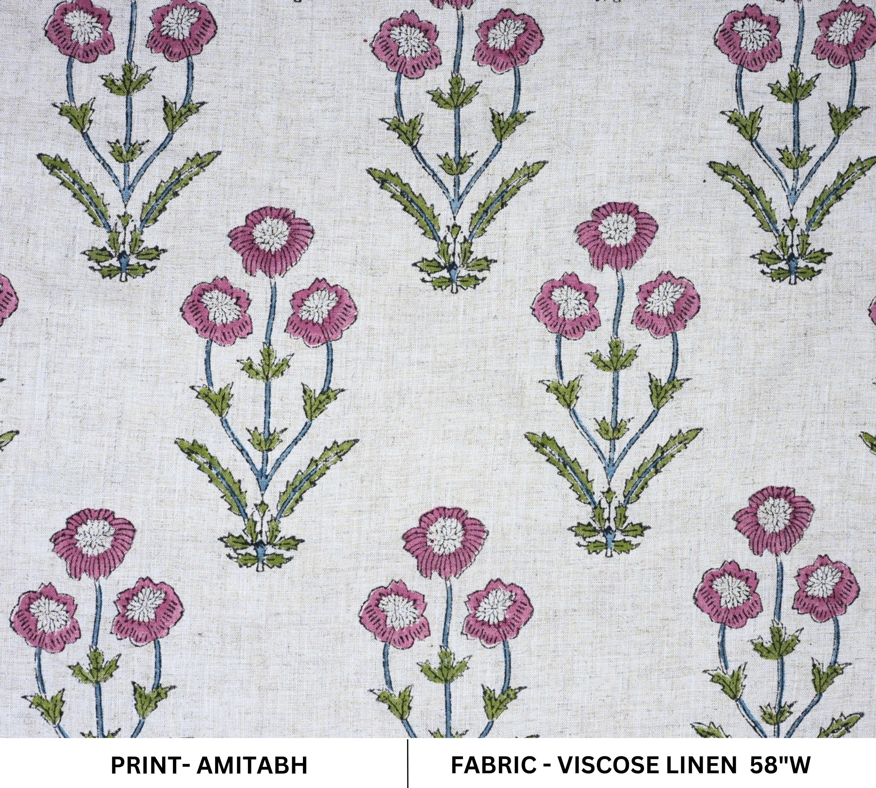 Hand Stamped Block Printed Boho Floral Viscose Linen Cushion Fabric - Amitabh Pink