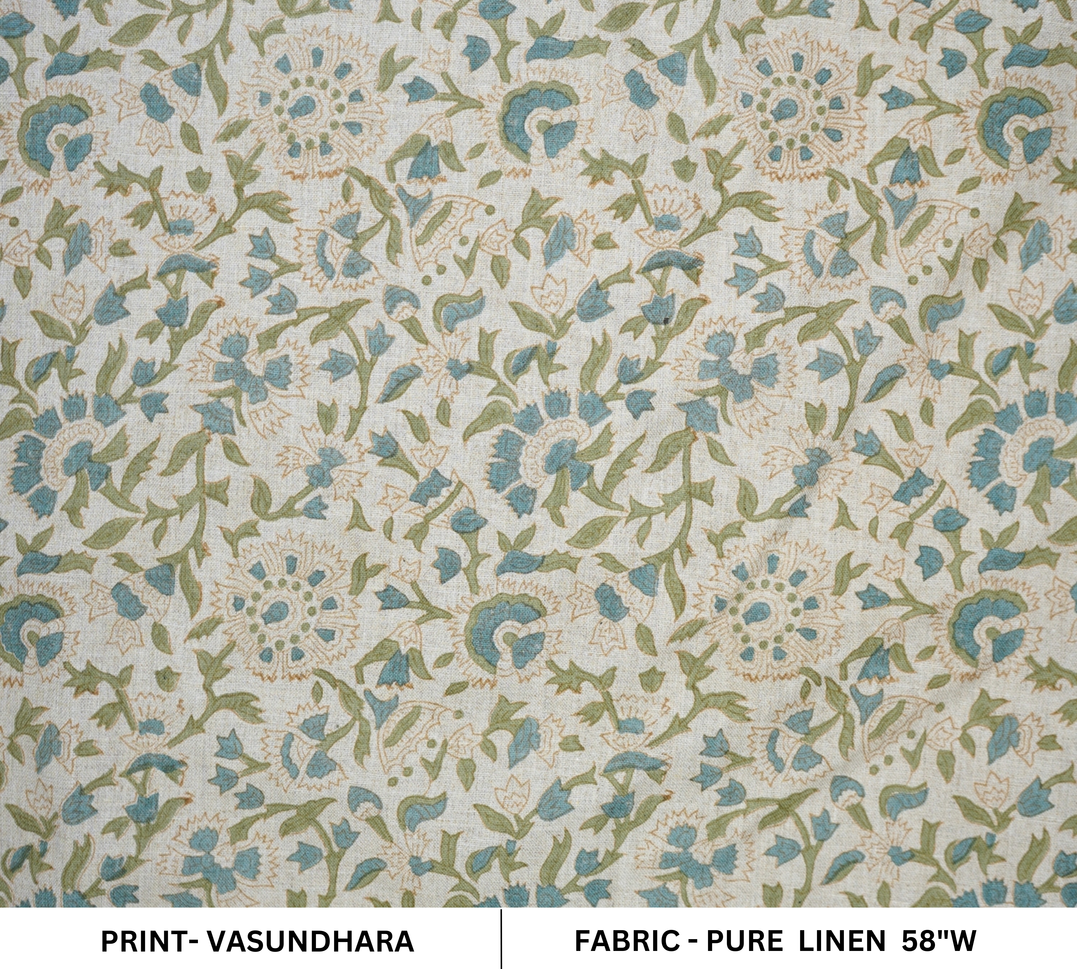 Green Floral Pure Linen Boho Elegant Fabric for Curtains - Vasundhara Design