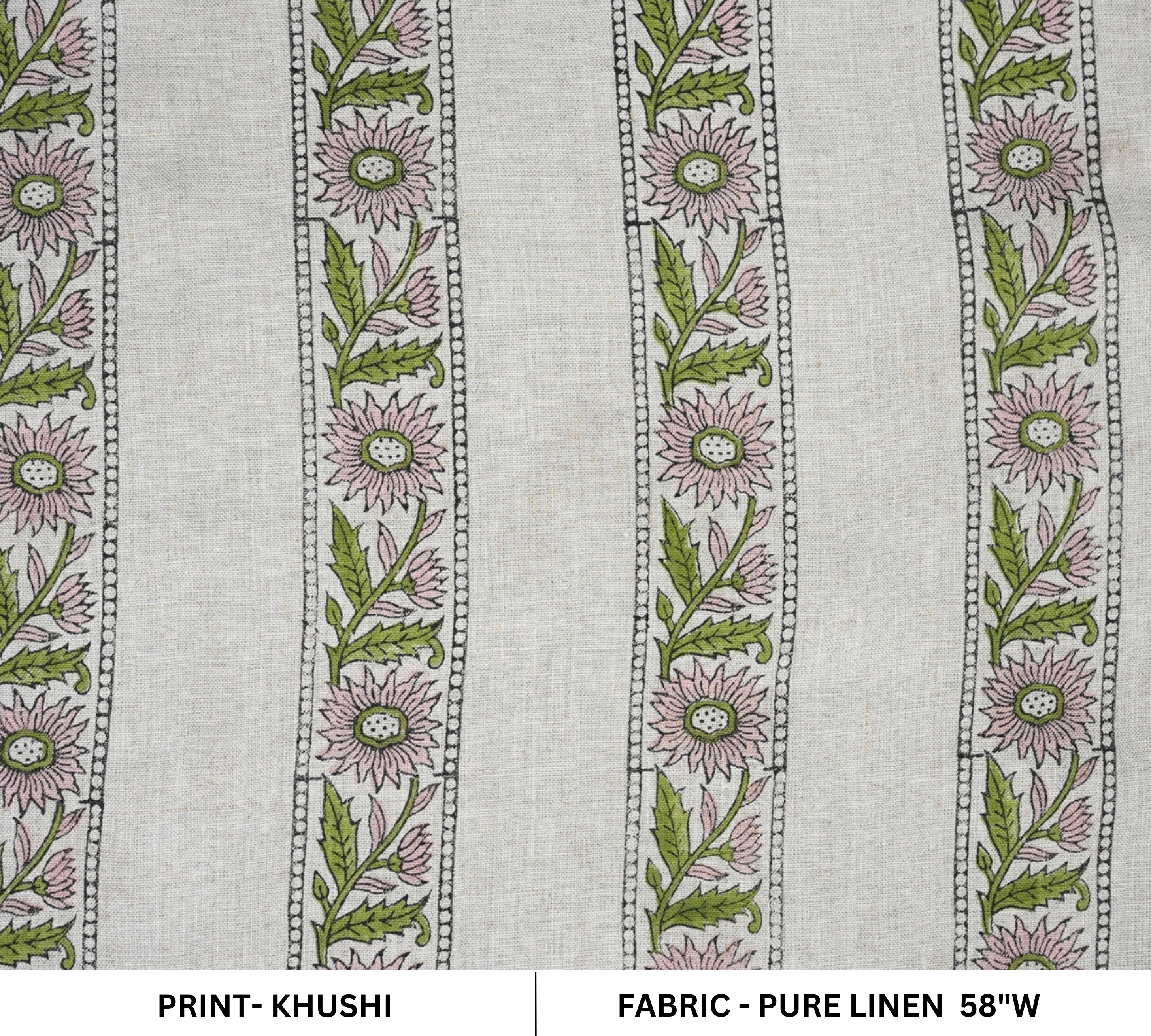 Handblock Printed Green Floral Pure Linen Customizable Boho Fabric for Home Decor
