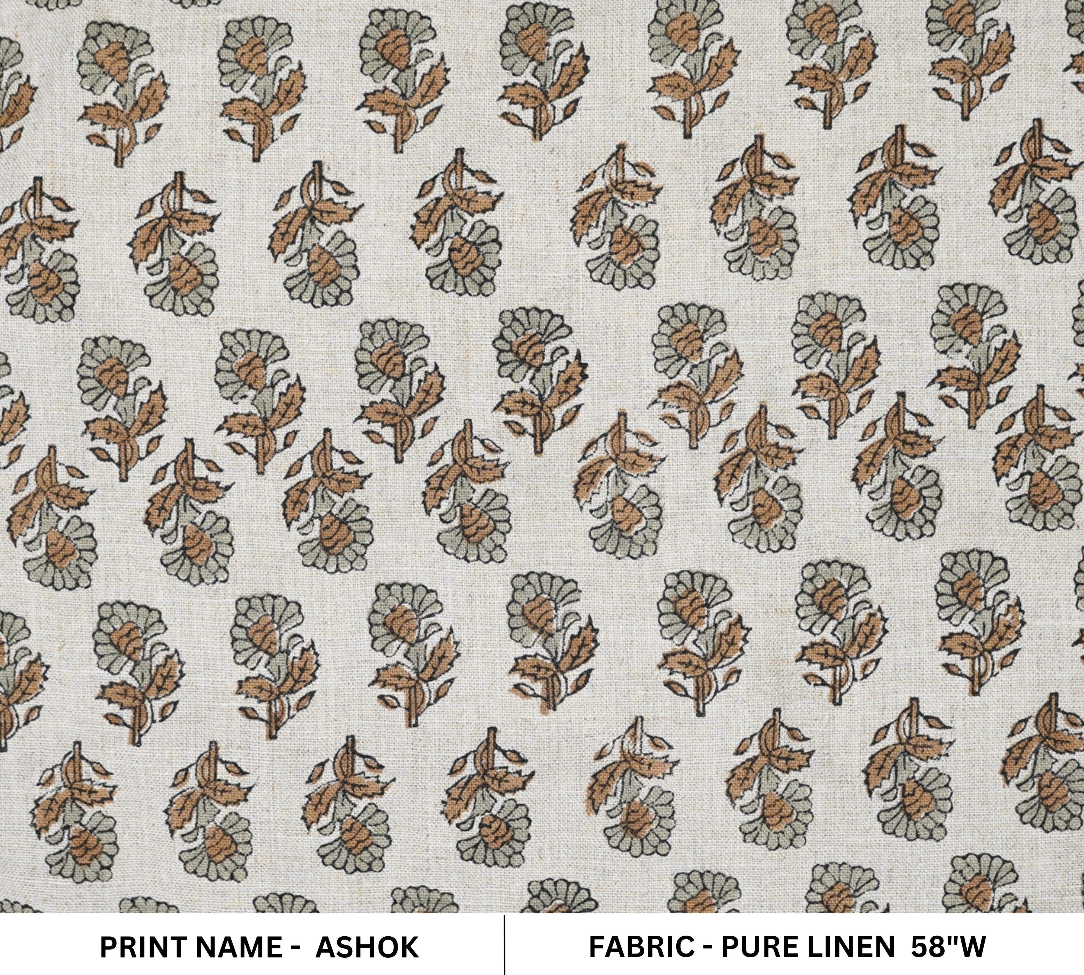 Handblock Printed Brown Floral Fabric Boho Design on Pure Linen for Cushions - Ashok 