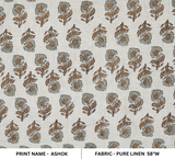 Handblock Printed Brown Floral Fabric Boho Design on Pure Linen for Cushions - Ashok