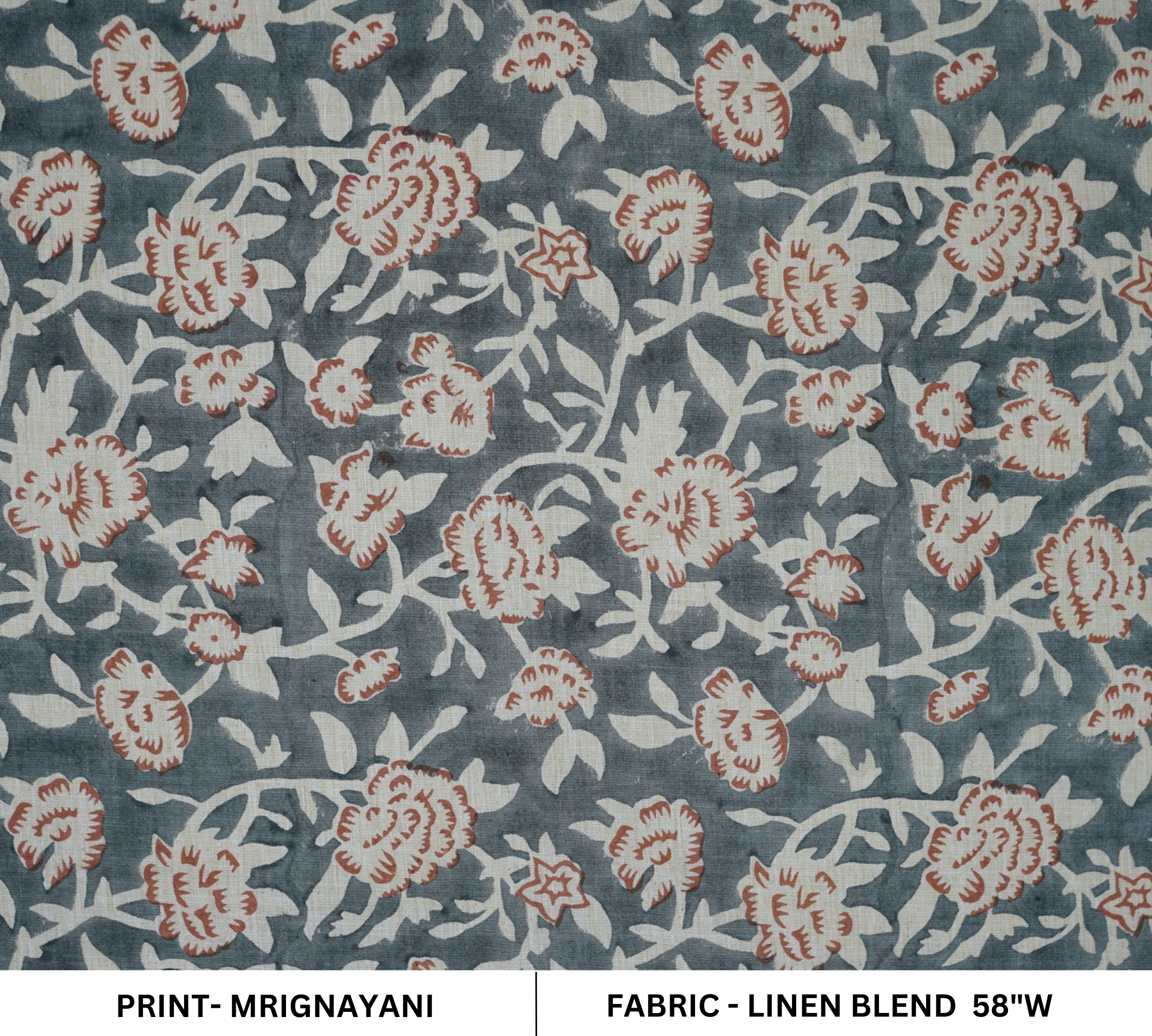 Gray Home Fabric Boho Floral Block Print Lightweight Feel on Linen Blend - Mrignayani 