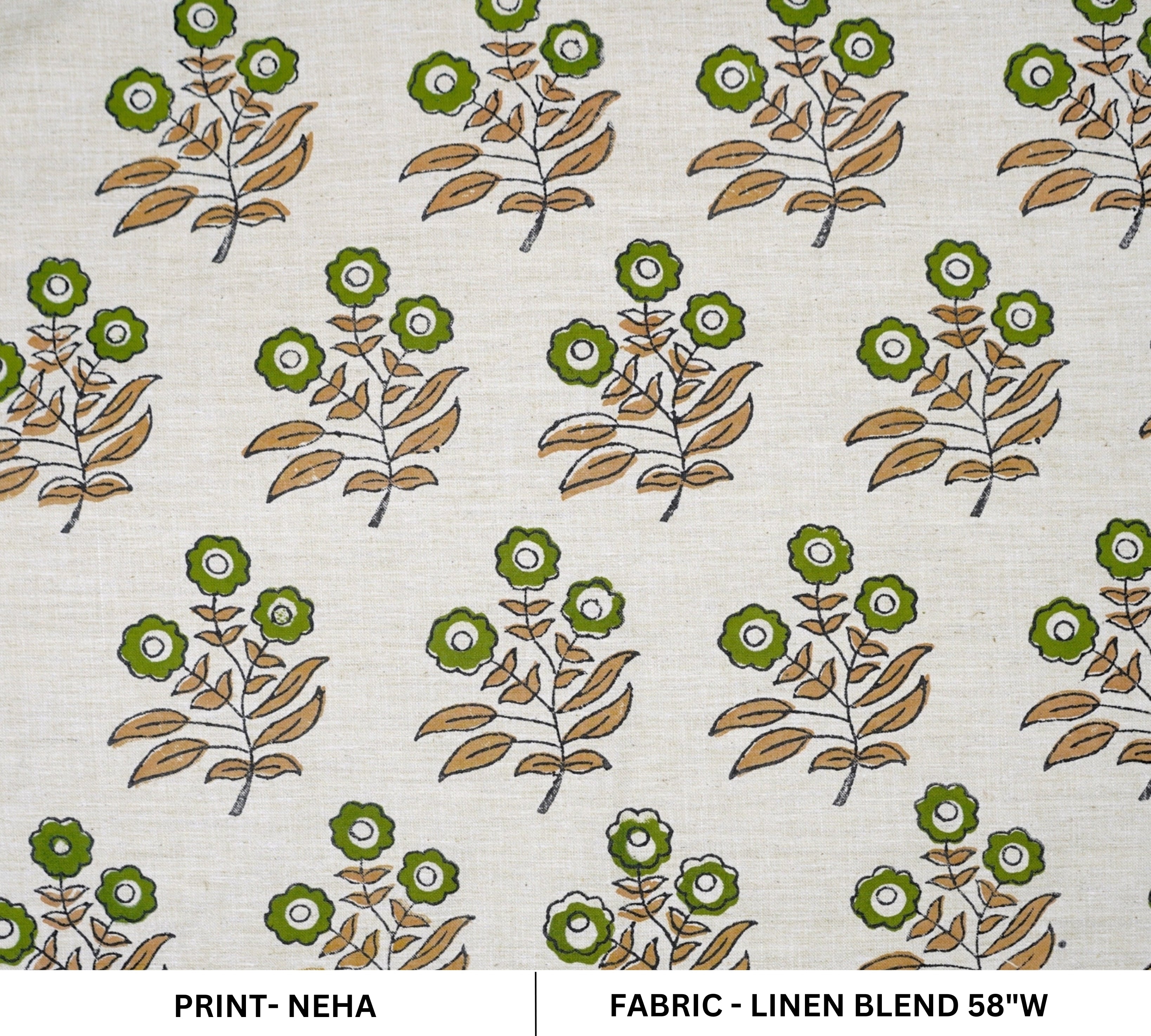 Handprinted Soft Linen Blend Fabric Boho Green Floral Design - Neha 