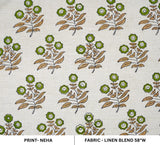 Handmade Block Printed Soft Linen Blend Fabric Boho Green & Brown Floral Design - Neha