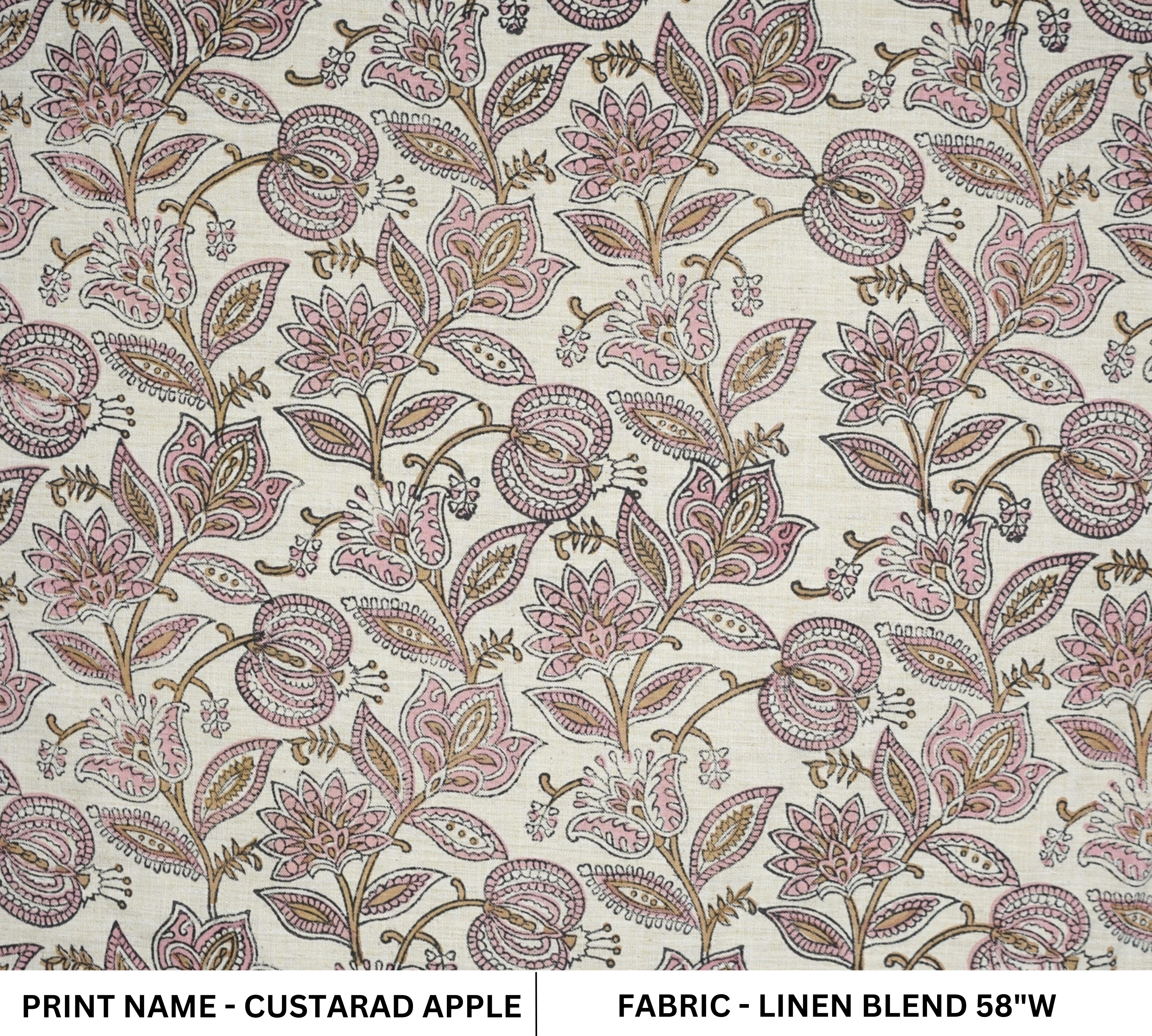 Handmade Indian Block Printed  Pink Floral Linen Blend Fabric – Custard Apple 
