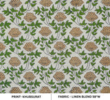 Handcrafted Block Printed Fabric Flower Print on Green and Brown Linen Blend - Khubsurat
