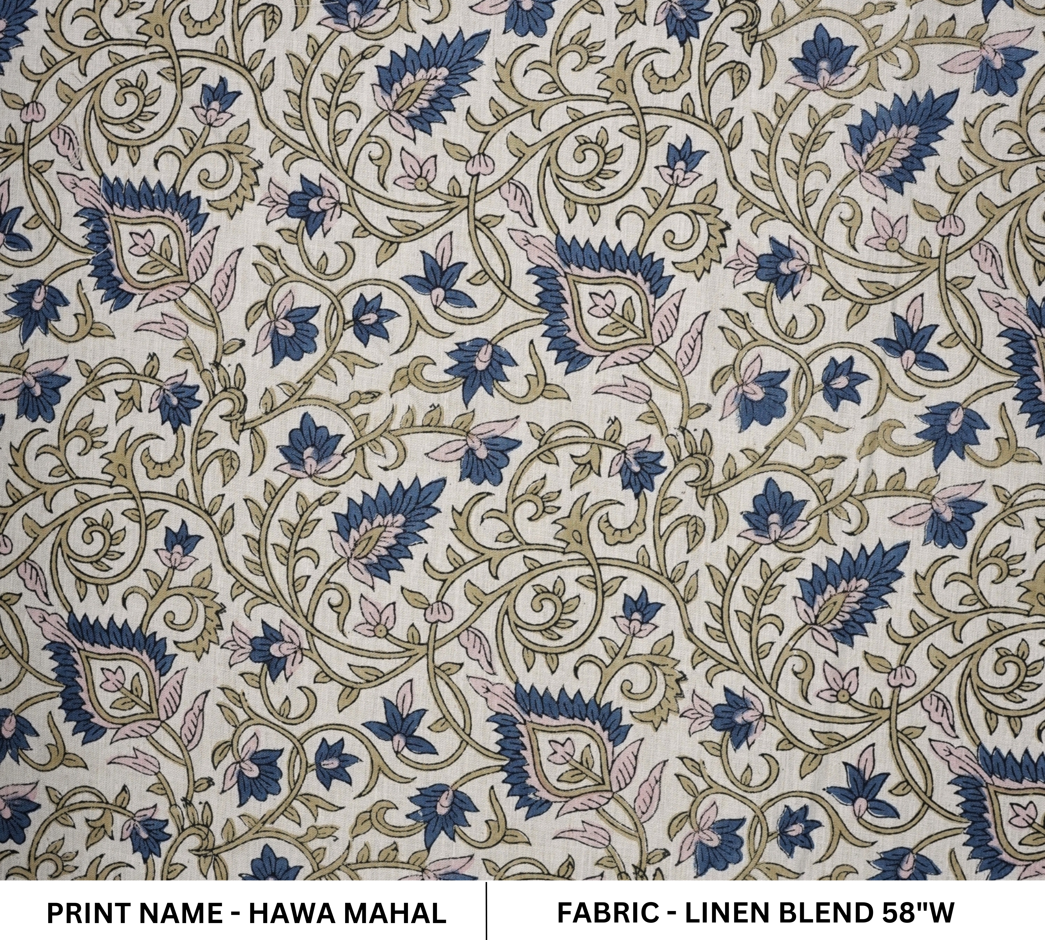 Handblock Print Blue Floral Linen Blend Fabric Hawa Mahal Curtain Textile 