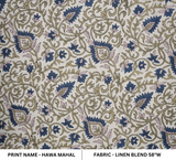 Handmade Block Printed Blue Floral Linen Blend Fabric Hawamahal For Curtain Textile