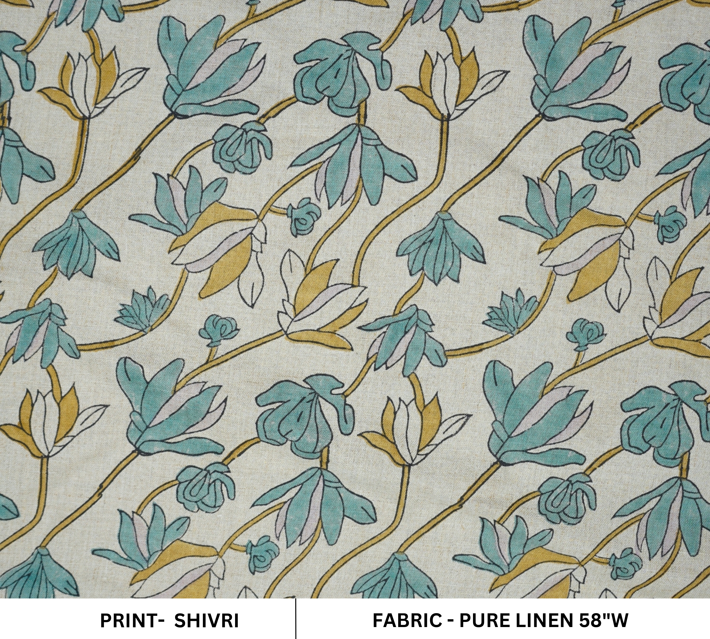 Handcrafted Traditional Blue Floral Pure Linen Boho Fabric Natural Block Printed Home Decor - Shivri 