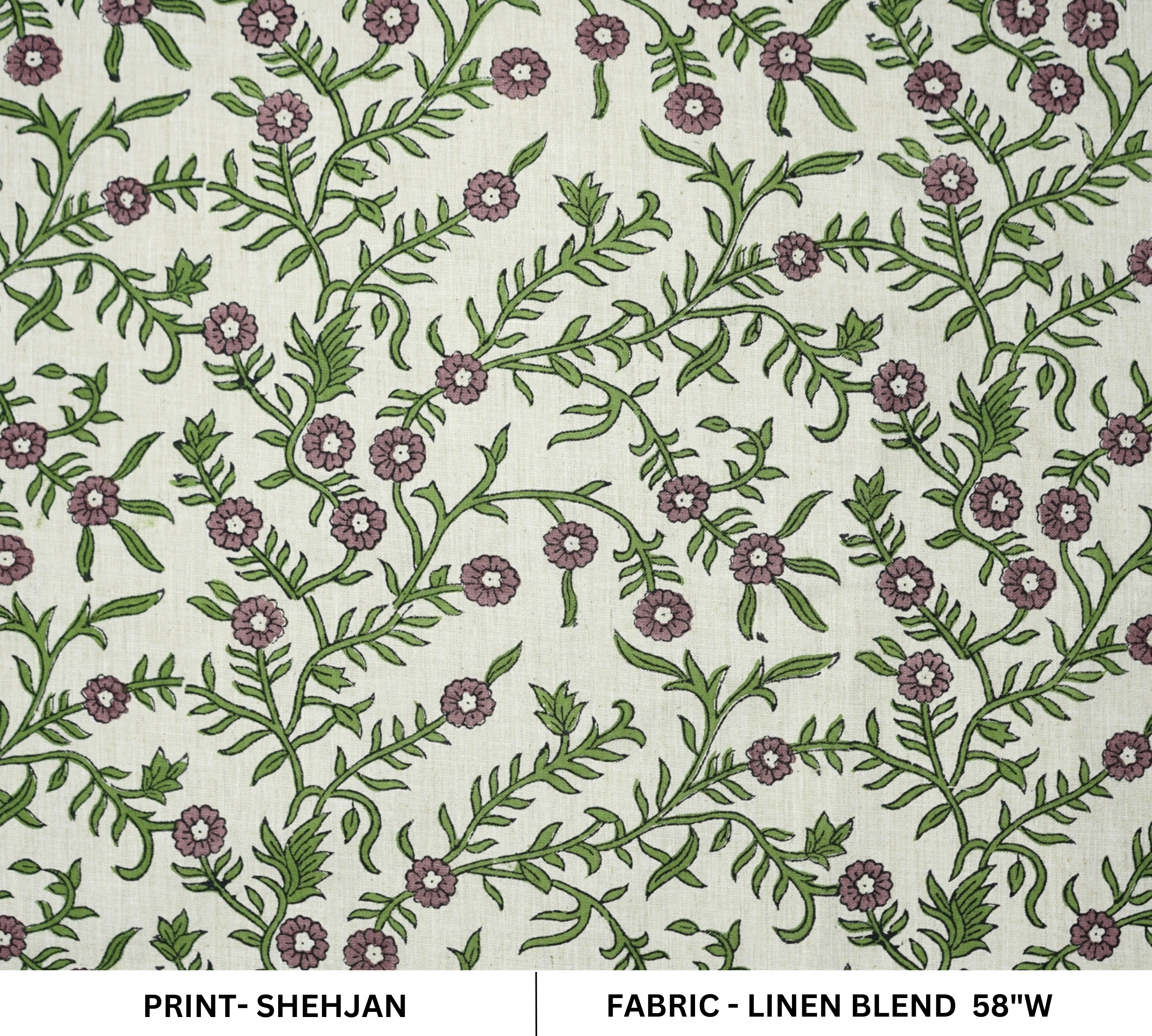 Indian Hand Block Printed Soft Fabric Green Floral on Linen Blend - Shehjan 