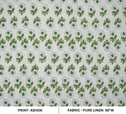 Handblock Printed Artisanal Green Floral Pue Linen Fabric for Home Decor - Ashok