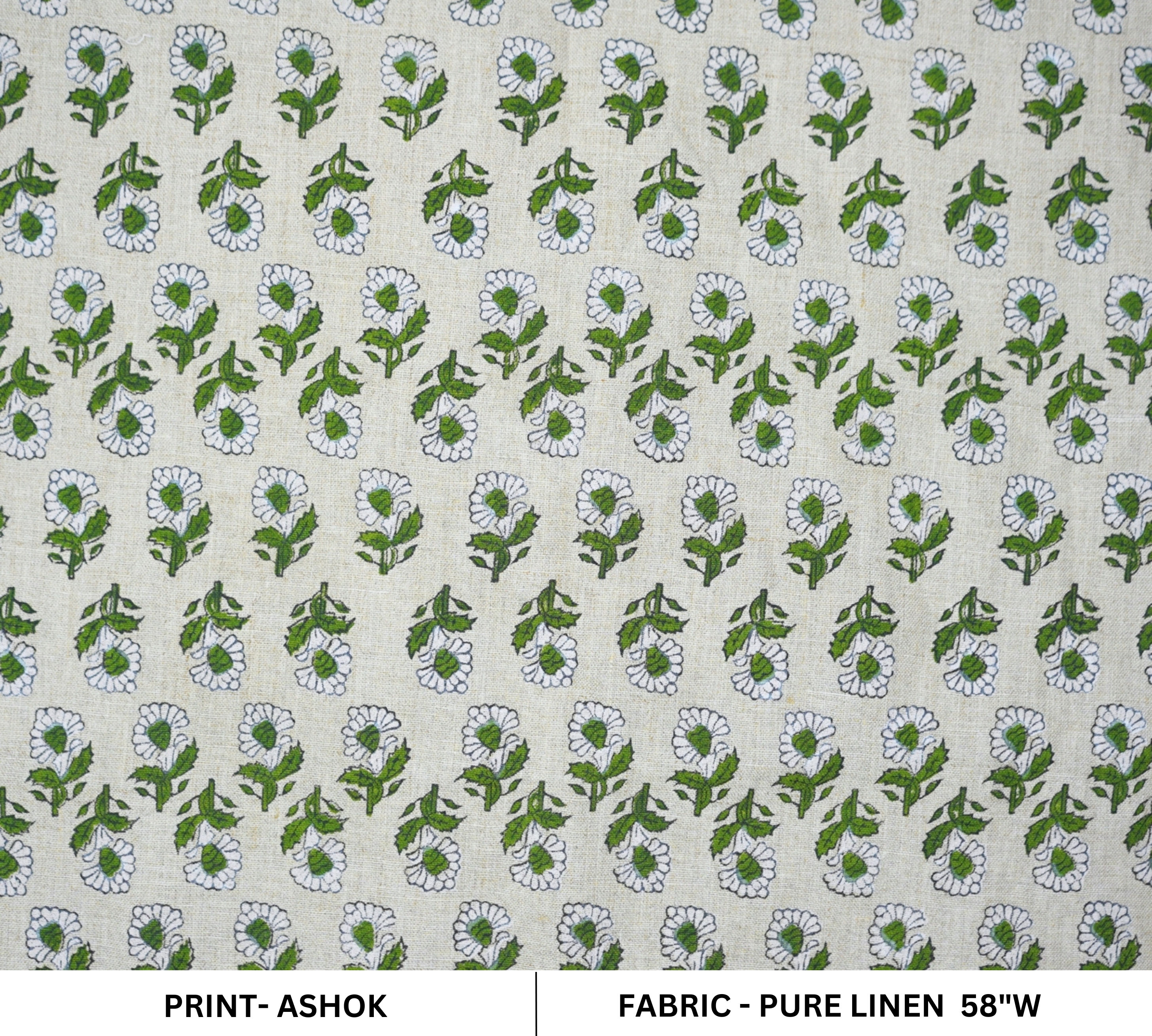 Handblock Printed Artisanal Green Floral Pue Linen Fabric for Home Decor - Ashok