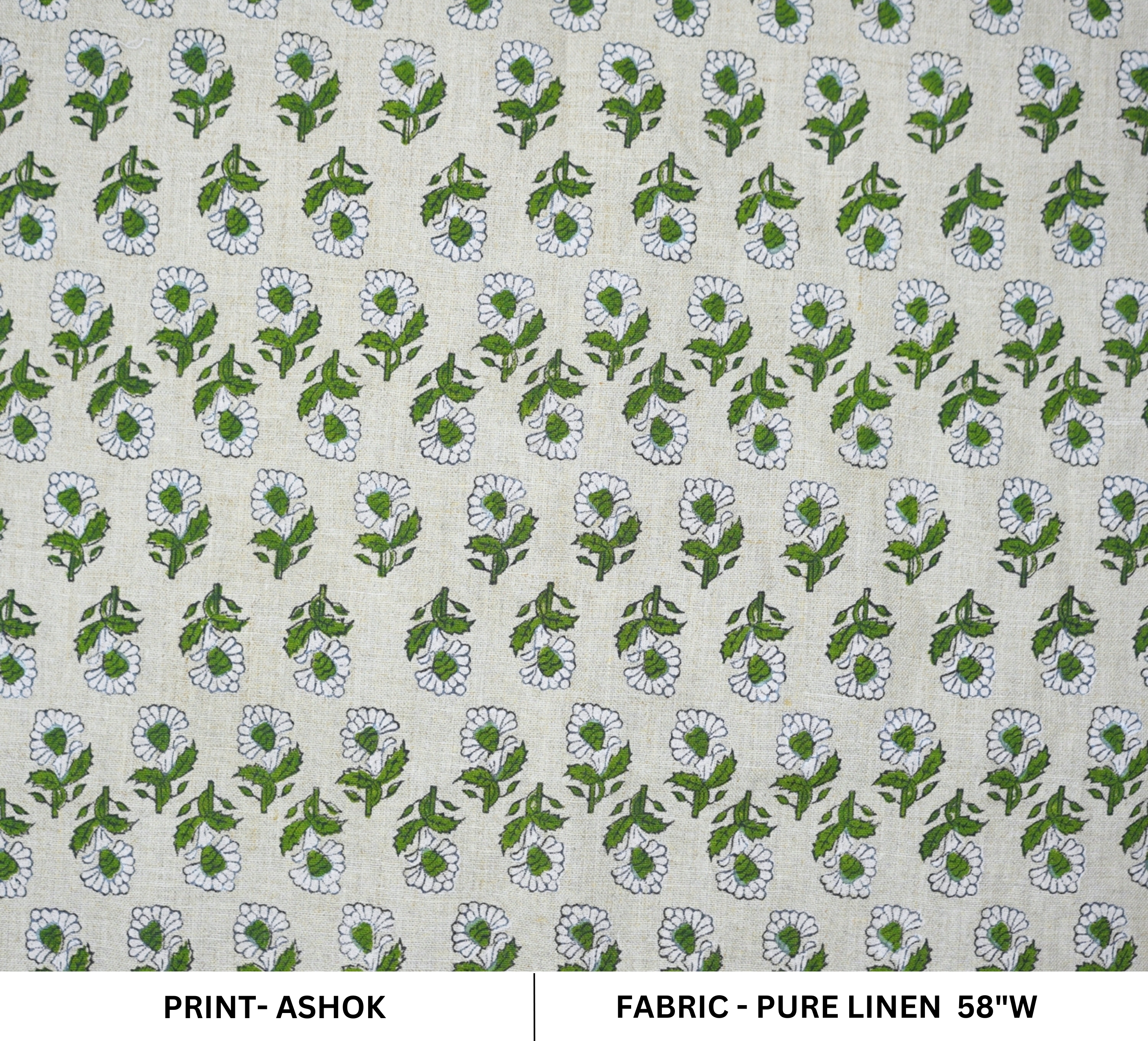 Handblock Printed Artisanal Green Floral Pue Linen Fabric for Home Decor - Ashok