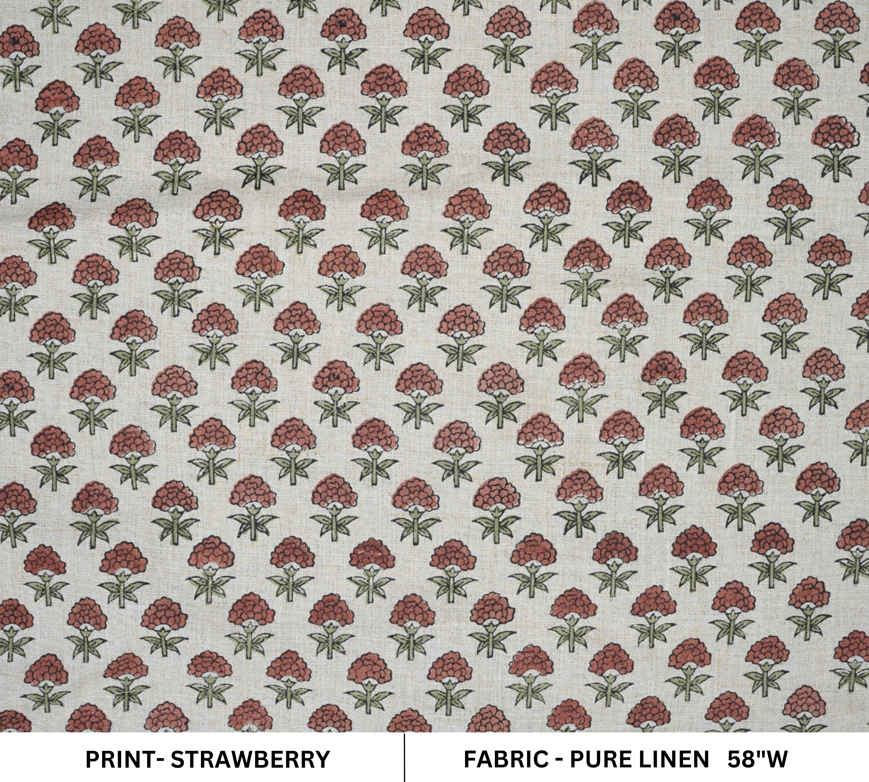 Handmade Floral Block Printed Brown Pure Linen Fabric Customizable Home Decor – Strawberry