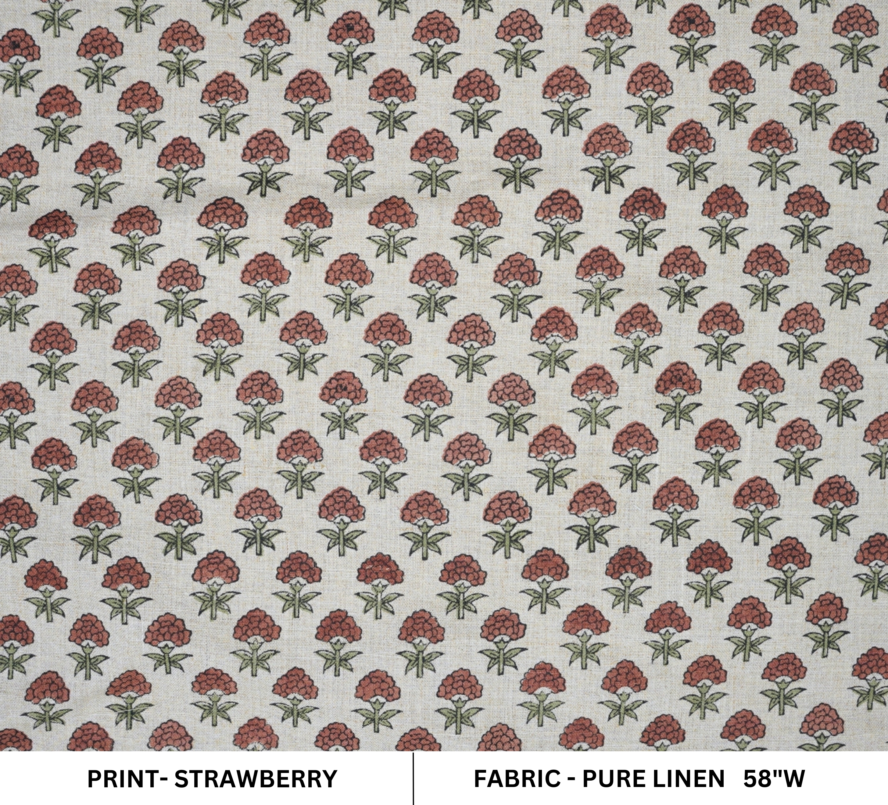 Handmade Floral Block Printed Brown Pure Linen Fabric Customizable Home Decor – Strawberry