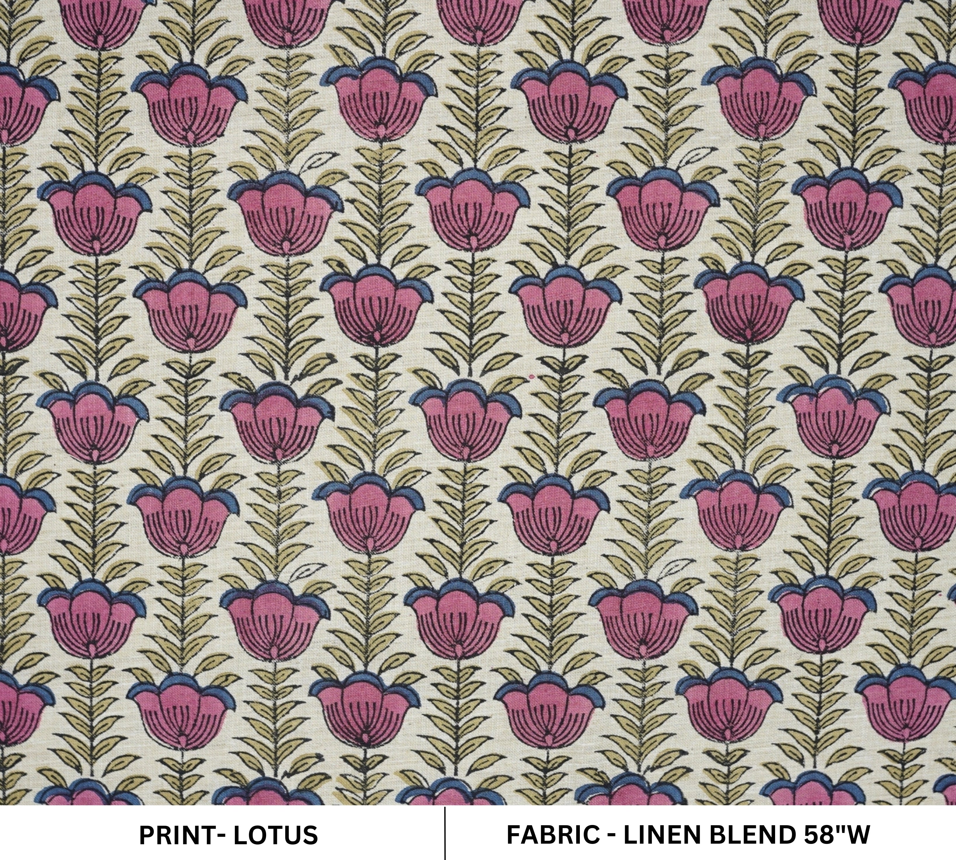 Hand Block Printed Boho Lotus Pink Floral Fabric on Linen Blend (58" Width)
