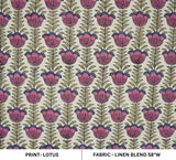 Handstamped Hand Block Printed Boho Lotus Pink Floral Fabric on Linen Blend (58" Width)