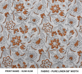 HandwovenBlock Print Orange &Grey Pure Linen Fabric - Kum-Kum