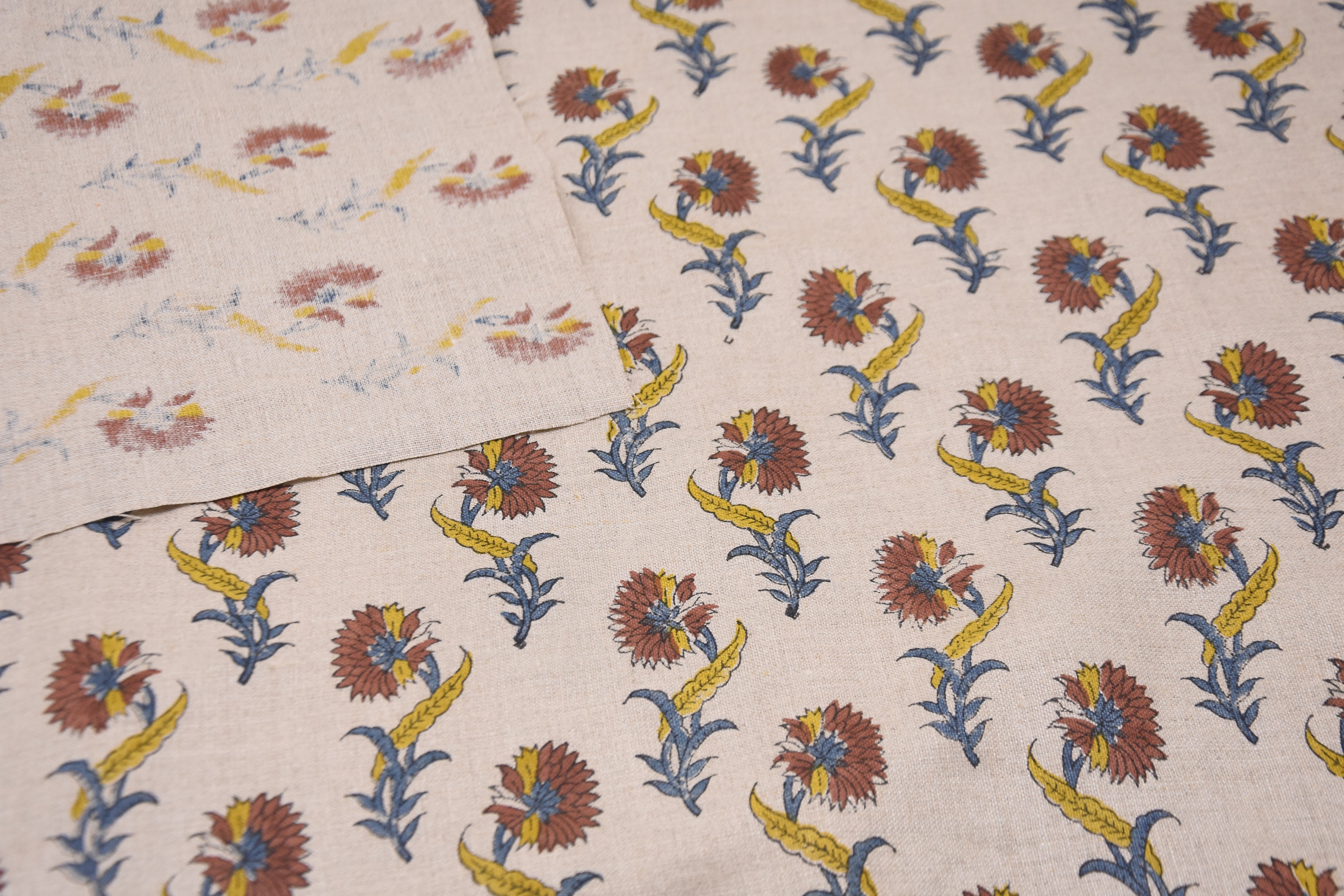 Hand block print pure linen 58" wide, fabric tablecloth and pillowcase, linen block fabric, upholstery couch cover - DAFFODIL