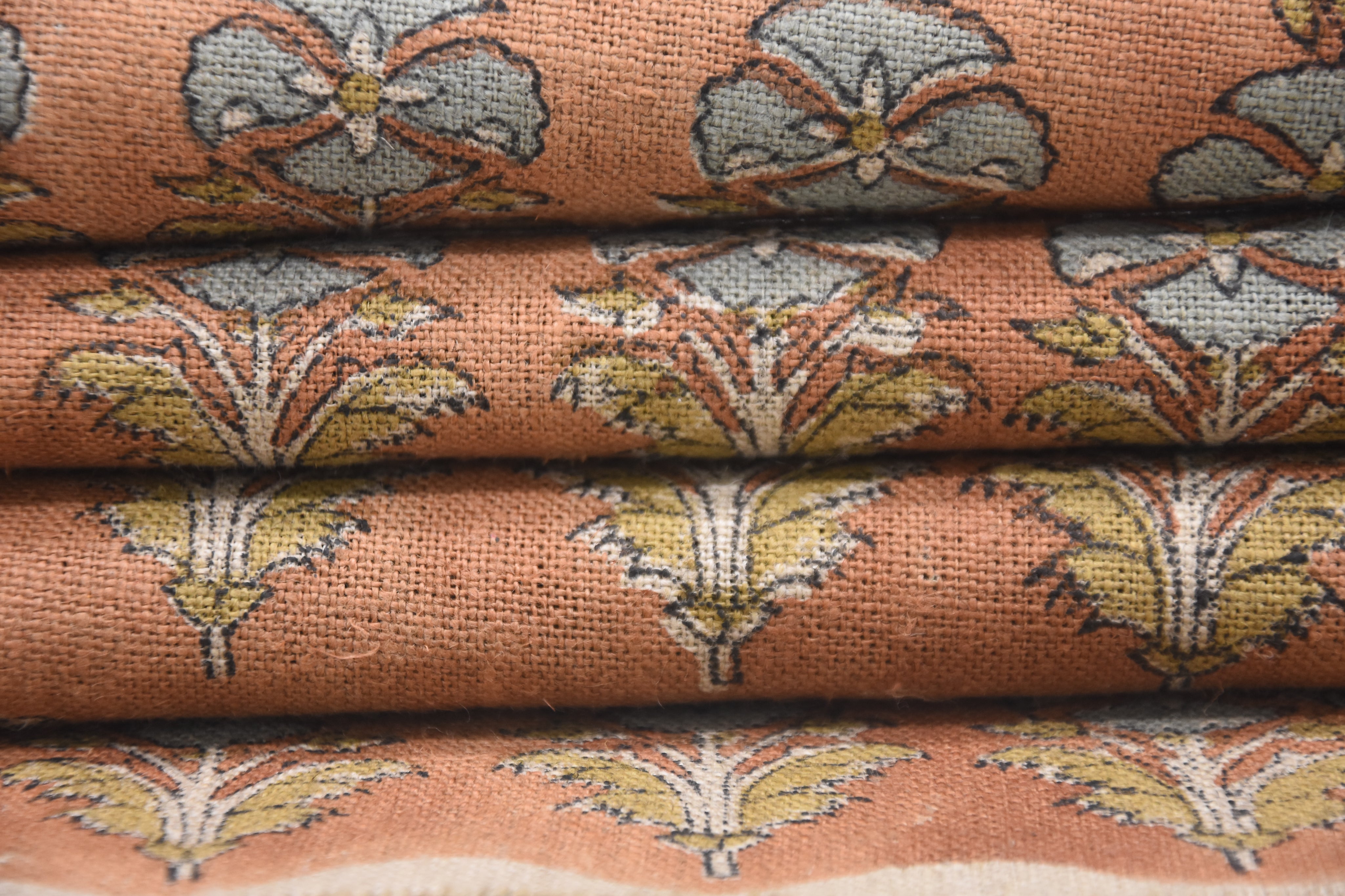Hand block thick linen 58" Wide, Indian block print fabric, linen cushion covers, Curtains for home, Floral print - MOR MUKUT