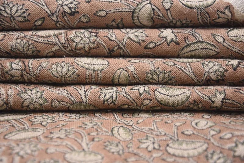 Eco- Friendly Hand Block Print Brown Floral Thick Linen Fabric - Pista