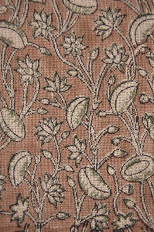 Eco- Friendly Hand Block Print Brown Floral Thick Linen Fabric - Pista