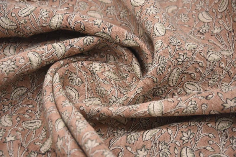 Eco- Friendly Hand Block Print Brown Floral Thick Linen Fabric - Pista