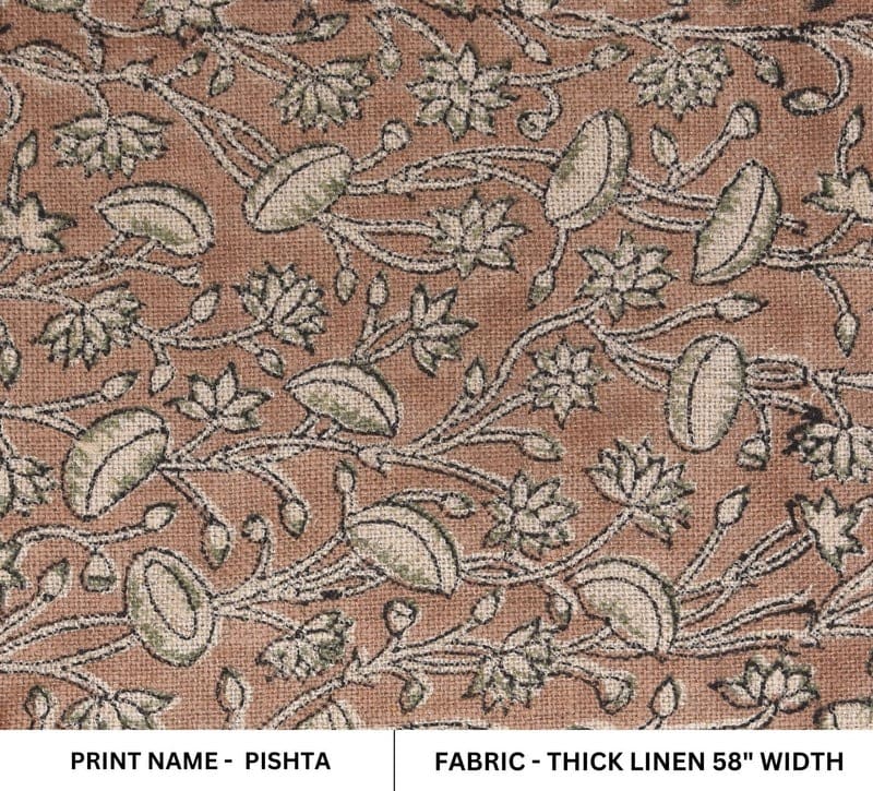 Eco- Friendly Hand Block Print Brown Floral Thick Linen Fabric - Pista