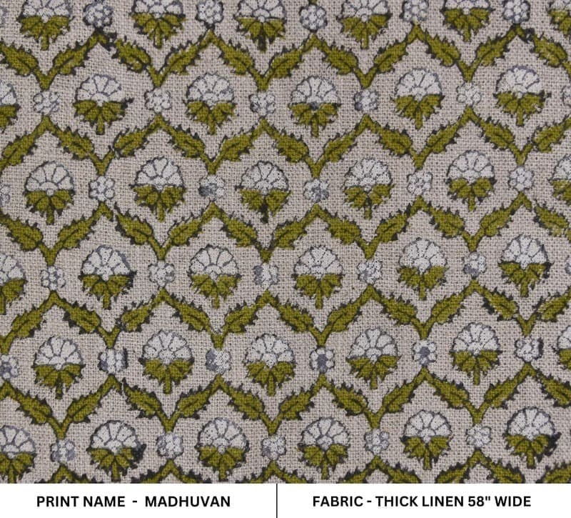 Eco-Friendly Hand Block Print Green Thick Linen Fabric - Madhuvan