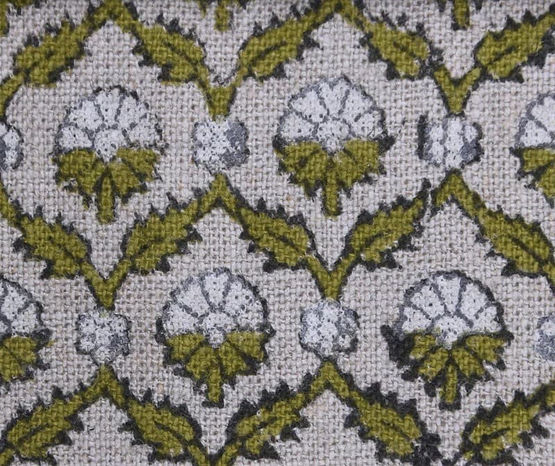 Eco-Friendly Hand Block Print Green Thick Linen Fabric - Madhuvan