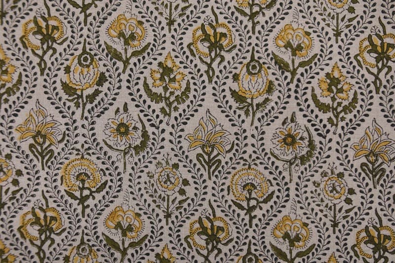 Eco Handmade Block Print Grey & Yellow Pure linen fabric - Amerbel