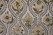 Eco Handmade Block Print Grey & Yellow Pure linen fabric - Amerbel