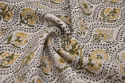 Eco Handmade Block Print Grey & Yellow Pure linen fabric - Amerbel