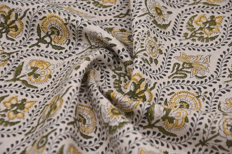 Eco Handmade Block Print Grey & Yellow Pure linen fabric - Amerbel