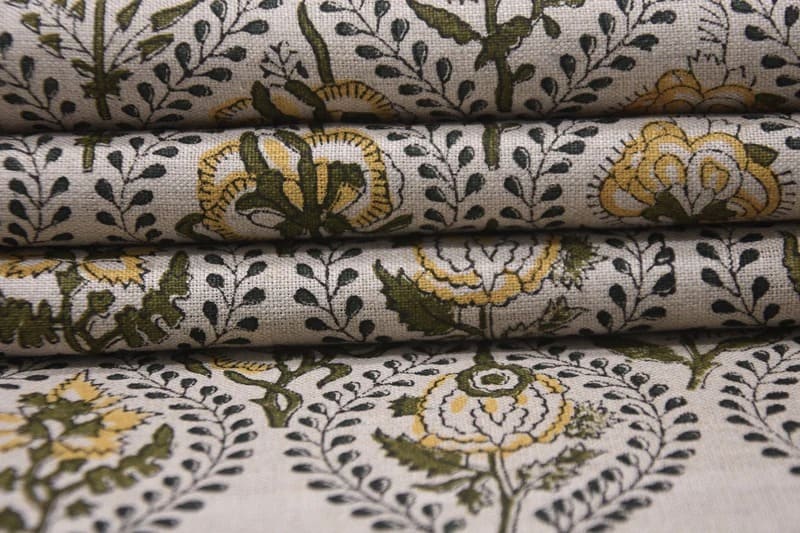Eco Handmade Block Print Grey & Yellow Pure linen fabric - Amerbel