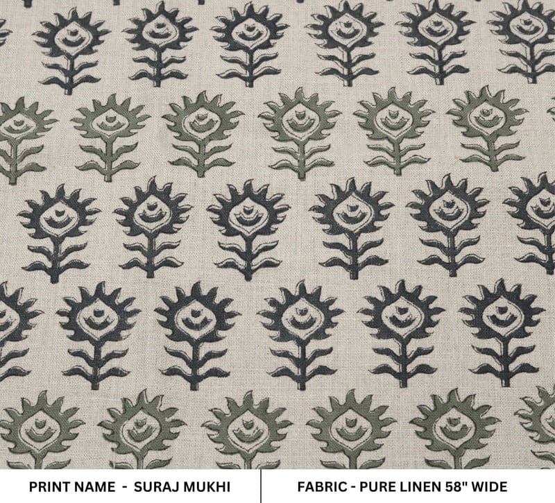 Premium handcrafted Block Print Sage Green Linen Fabric - Surajmukhi