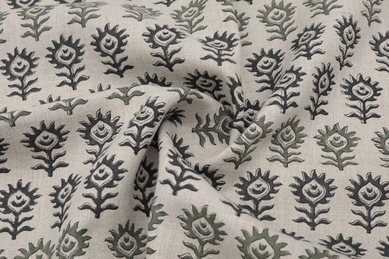 Premium handcrafted Block Print Sage Green Linen Fabric - Surajmukhi