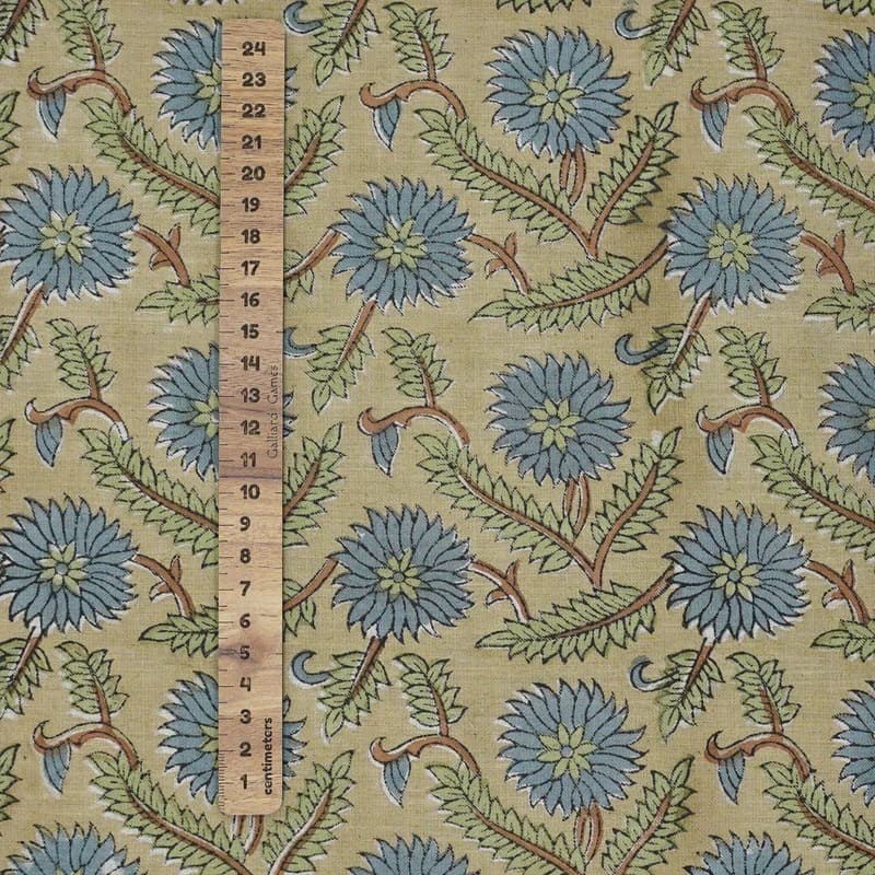 Handcrafted Block Print Beige & Brown Linen Blend Fabric -Swarna