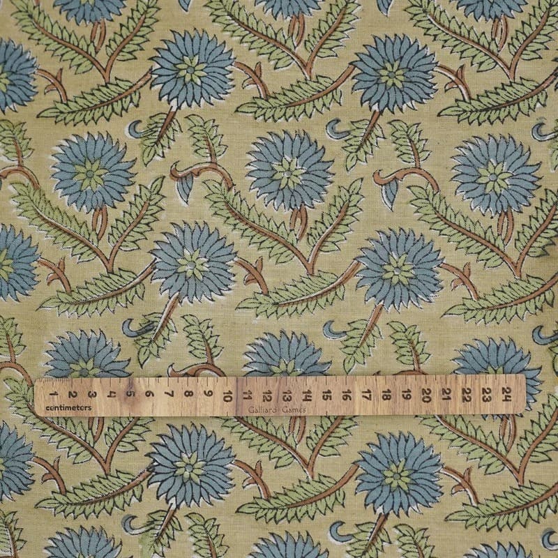 Handcrafted Block Print Beige & Brown Linen Blend Fabric -Swarna