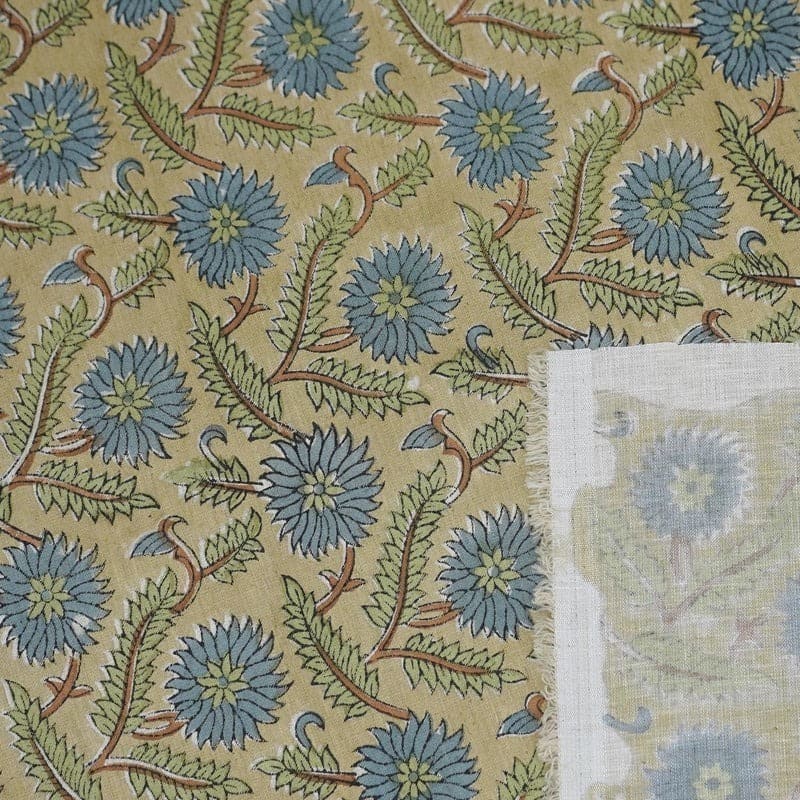 Handcrafted Block Print Beige & Brown Linen Blend Fabric -Swarna