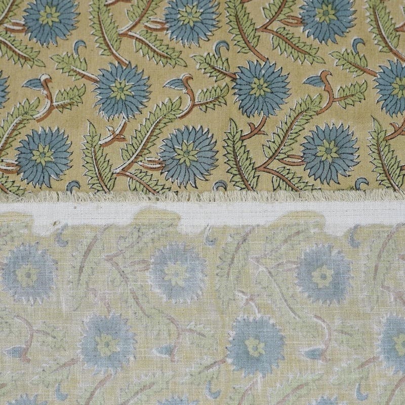 Handcrafted Block Print Beige & Brown Linen Blend Fabric -Swarna