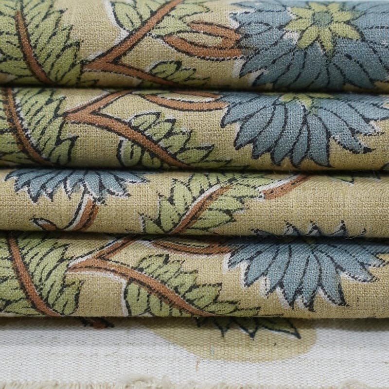 Handcrafted Block Print Beige & Brown Linen Blend Fabric -Swarna