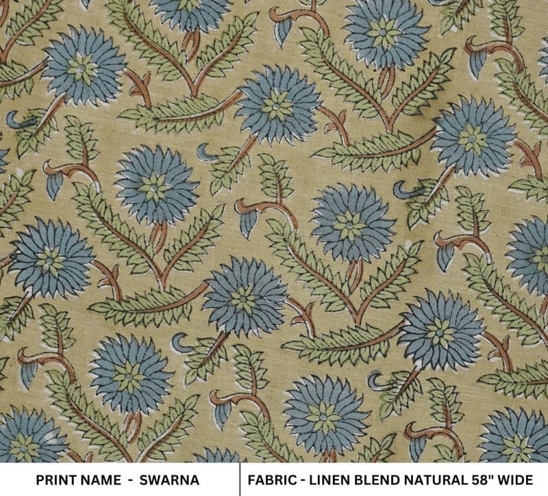 Handcrafted Block Print Beige & Brown Linen Blend Fabric -Swarna