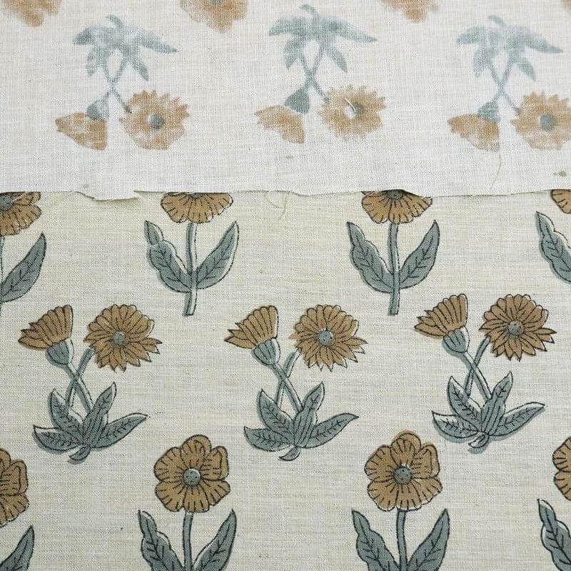 Traditional Hand Block Print Pure Linen Fabric Brown & Gray - Kirti