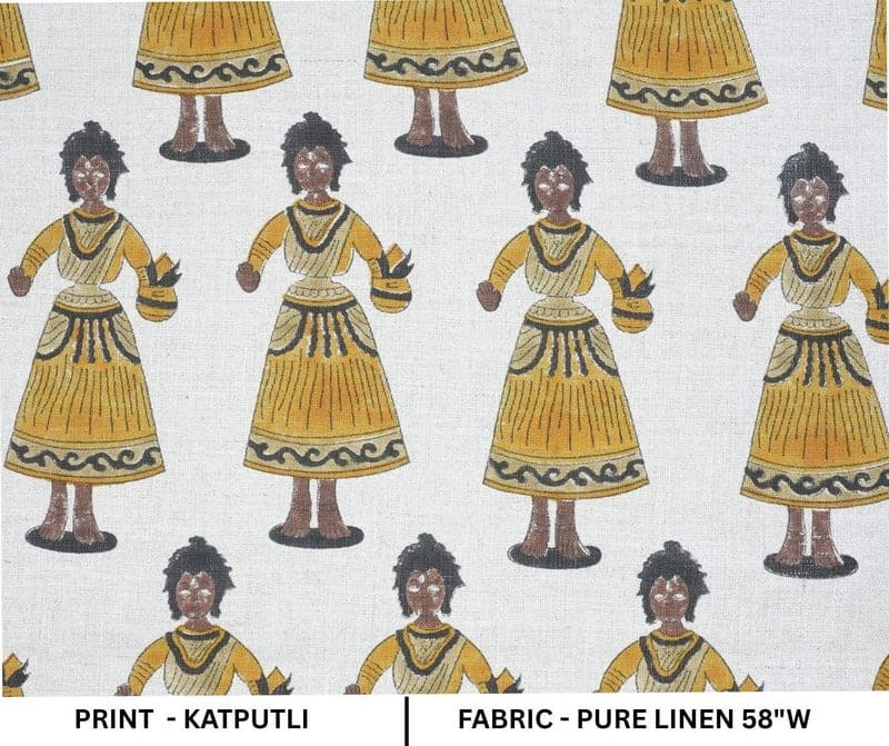Hand Block Print Mustard & Gray Fabric For Roman Shade - Katputli