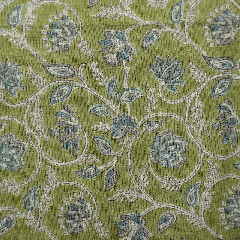 Handcraft Block Print Green Floral VIiscose Linen Fabric - Saraswati