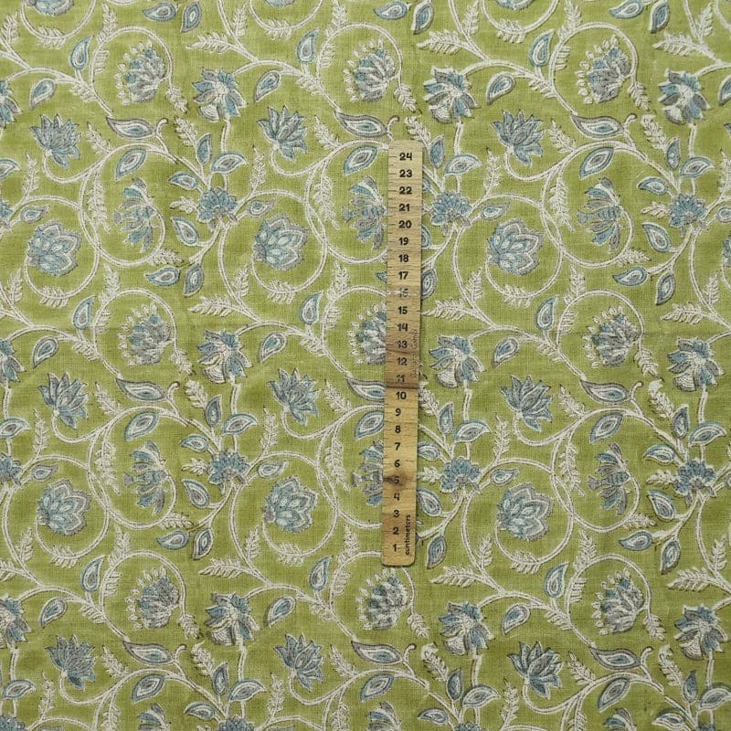 Handcraft Block Print Green Floral VIiscose Linen Fabric - Saraswati