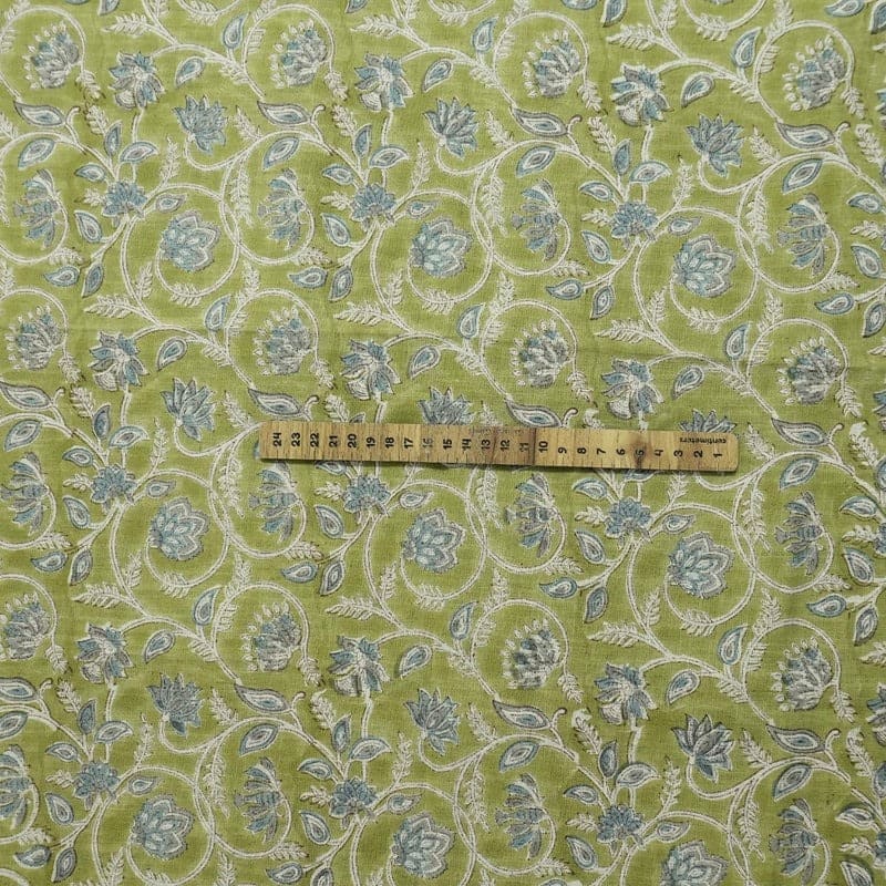 Handcraft Block Print Green Floral VIiscose Linen Fabric - Saraswati